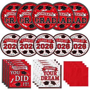 Graduation Plates and Napkins 2026, Congrats Grad Disposable Dinner & Dessert Paper Plates, and Napkins for Red Graduation Party Decoration, Serves 50