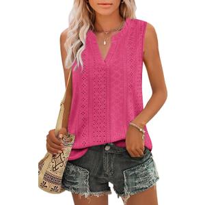 Zwurew Womens Sleeveless Tops Summer Casual V Neck Loose Fit Eyelet Tank Top 2025 Fashion Outfits Rose Red S