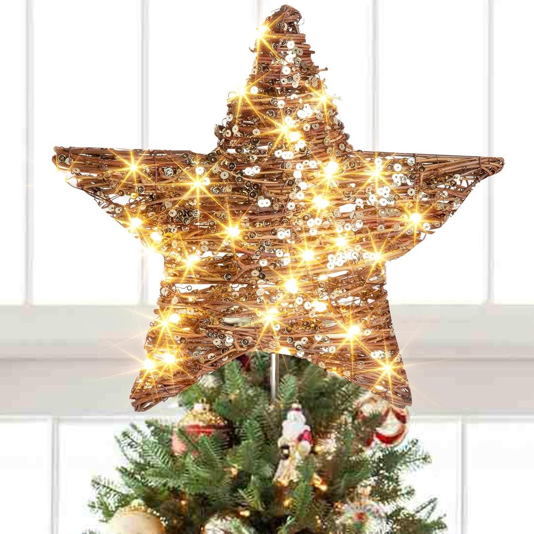 EAMBRITE 13.37 40 LED Christmas Rattan Tree Topper, Indoor Rustic Natural Star Treetop