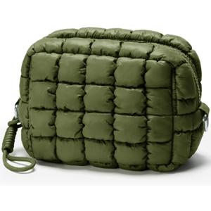 Quilted Makeup Bag Puffy Cosmetic Bag Cute Puffer Travel Toiletry Bag for Women, Small Makeup Pouch for Purse Quilted Cosmetic Pouch for Essentials Toiletries, Gift for Women, Girls (Olive Green)