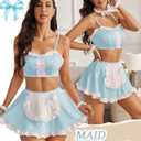 Avidlove Lingerie Set for Women Ruffle French Maid Outfit with Headpiece Halloween Cosplay Lingerie Set 6 Pack Maid Costume (Blue, S)
