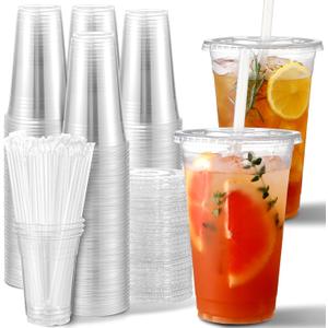 AOZITA [100 Sets] 20 oz Clear Plastic Cups With Lids and Straws, Iced Coffee Cups Disposable Cups for Iced Coffee, Smoothie, Milkshake and Cold Drinks