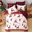 Christmas Comforter Set Queen Size 7 Pieces, Red Reindeer Snowflake Bed in A Bag, Reversible Red and Black Check Comforter with Sheet Set, Soft Polyester Bedding Set