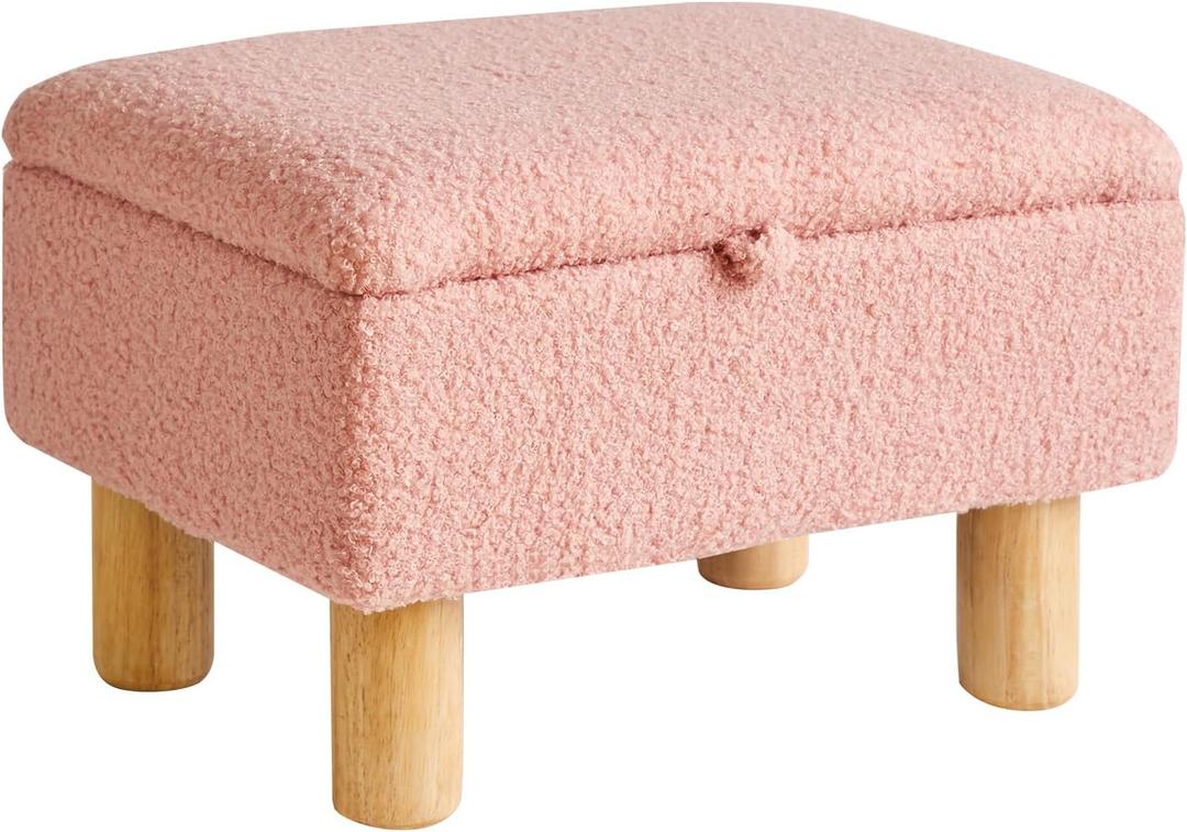 Teddy Velvet Small Ottoman Foot Rest, Foot Stools with Storage Small, Upholstered Rectangle Wood Ottoman with Safety Hinge Flip Top, Bed Stool for Bedroom Dorm Teddy Pink YD-JD136P