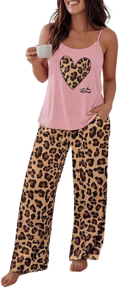 CHICME Womens Pajamas Set 2 Piece Adjustable Strap Tank Pj Set Loose Printed Pants Sleepwear Lounge Sets (M)