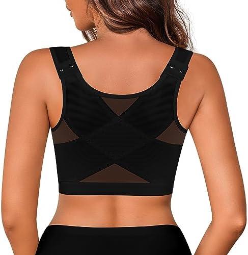 IROCUE Women's Front Closure Posture Corrector Bra Wireless Back Support Bras for Women Comfy Unlined with Nipple Covers, Large