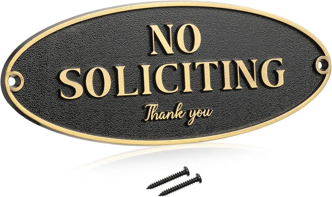 Brass No Soliciting Thank You Sign 2" x 5" Door Sign, No Soliciting Brass Plaque Metal Home Decor Accessories Door or Wall Pre Drilled Hole(Black Gold)