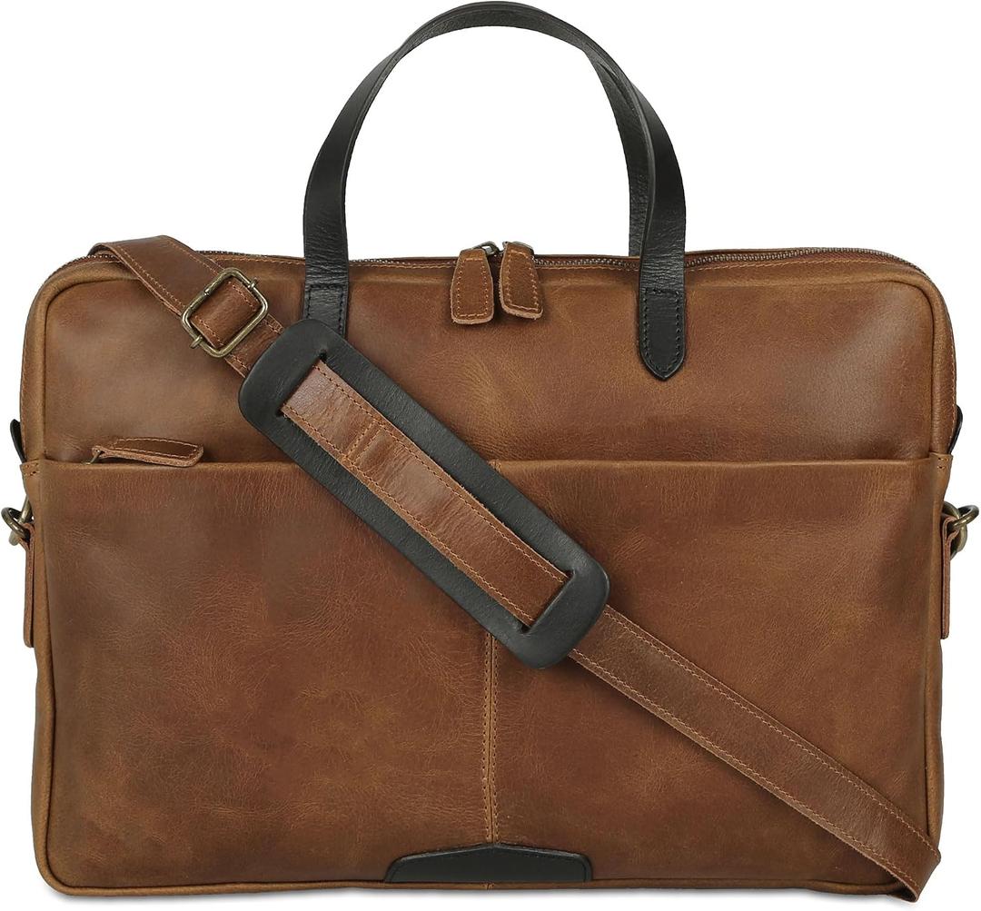 KomalC Leather Laptop Sleeve 15.5" with Trolley Strap, Fits up to 16" Laptop, Slim Office Bag with Shoulder Strap