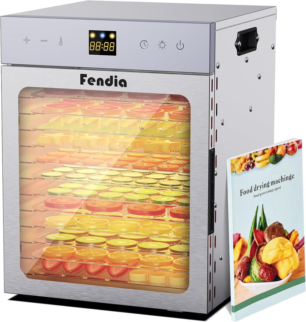 Food Dehydrator for Jerky, 12 Stainless Steel Trays, 1200W Fruit Dehydrator, 24H Timer and 190F Temperature Control, Overheat Protection, Food Dryer for Jerky, Herbs, Fruit, Dog Treats