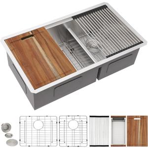 33 Undermount Kitchen Sink Double Bowl - Fulorni 33x19 Inch Kitchen Sink Ledge Workstation Low Divide Double Bowl 60/40 Split 16 Gauge 304 Stainless Steel Under Counter Basin