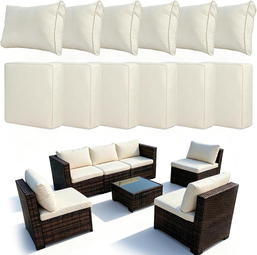Loungewave 12Pcs Outdoor Cushion Covers, Patio Cushion Covers Replacement for Patio Furniture Sofa Couch, Soft Flexibility Washable Reusable Furniture Protector (Beige,Cover Only)