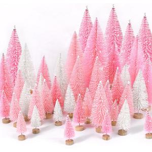 30pcs Mini Christmas Trees, Artificial Christmas Pine Tree Mini Bottle Brush Trees Tabletop, Small Sisal Trees with Wooden Bases, Xmas Home Holiday Decor (Pink-White)