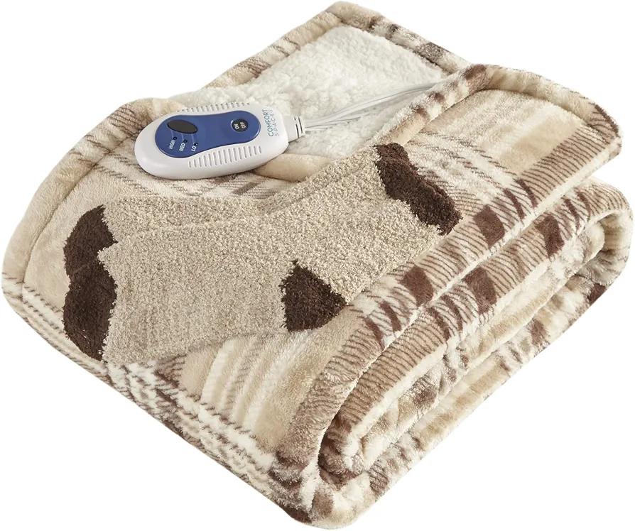 Comfort Spaces Plush to Sherpa Electric Blanket Shawl Shoulder, Neck Wrap with Matching Sock Set Giftable Ultra Soft, Warm, Snuggle Fleece-Reversible Heated Poncho Throw, 50" W x 64" L, tan Plaid