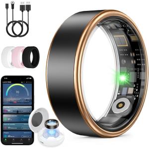 UniJethrou Smart Ring for Women Men, Health Fitness Tracker, IP68 Waterproof, Long Lasting Batteries Sleep Ring with Charging Case and Protector, Remote Photography, No App Fees (Black, 8#)