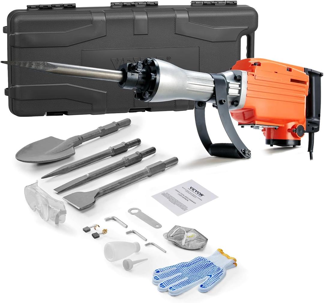 VEVOR Demolition Jack Hammer, MAX 2200W Electric Jackhammer Heavy Duty, 1400 BPM Concrete Breaker 4pcs Chisels Bit Chipping W/Case, Gloves (Orange)