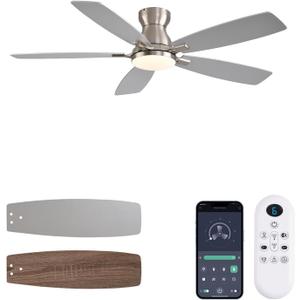 Ceiling Fans with Lights, 52 Inch Low Profile Ceiling Fan with Light and Remote Control, Flush Mount, DC Reversible Motor, Noiseless, Nickel 6 Speeds Ceiling Fan for Bedroom