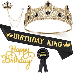 Junkin 5 Pieces Birthday Accessories Include Man Birthday King Crown Birthday King Sash Tinplate Badge Pin Brooch Hanging Chain Men Birthday Crown for Man Birthday Party
