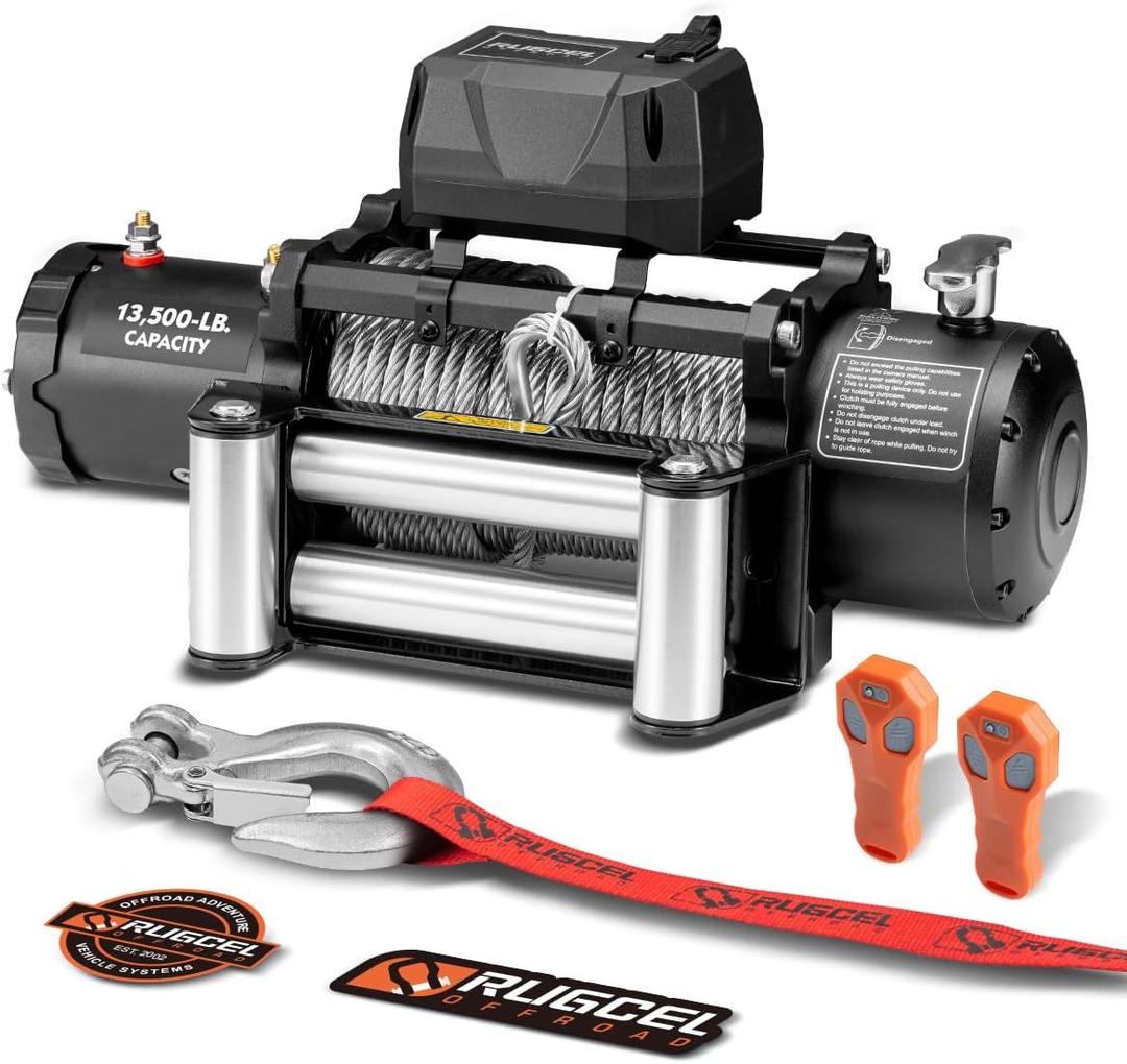 RUGCEL WINCH 13500lb Waterproof Electric Truck Winch 12V Steel Rope Winch with Roller Fairlead, Wired Handle and 2 Wireless Remote,for Trailer and Wrangler in Car Lift