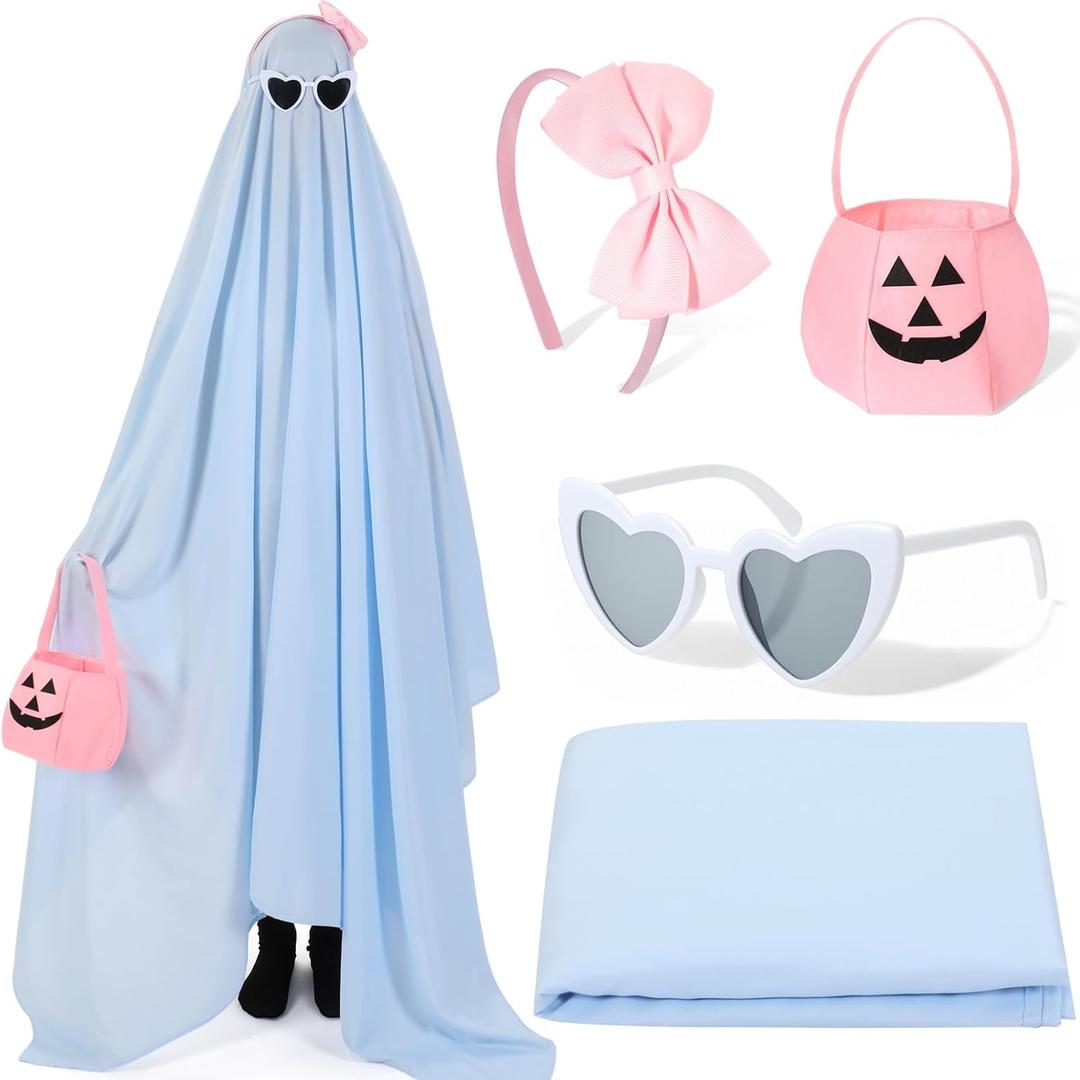 4 Pcs Pastel Halloween Sheet Ghost Costume Glasses Pumpkin Bag Ghost Boo Costume for Adults Halloween Cosplay (Blue)