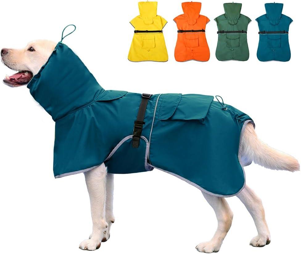 KOOGAL Reflective Dog Raincoat Waterproof Adjustable Dog Hooded Poncho Raincoat for Medium Large Dogs, Lightweight Pet Rain Jacket(Blue, 4XL) (4XL-Fit for 50-70 pounds)