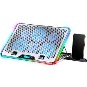 Aluminum Alloy Laptop Cooling PadRGB Gaming Laptop Cooler with 6 Quiet Cooling Fans for 15.6-17.3 inch laptops, 9 Height Stand, LCD Screen, 4 USB Ports with 1 3.0HUB 2 2.0HUB, Lap Desk Use