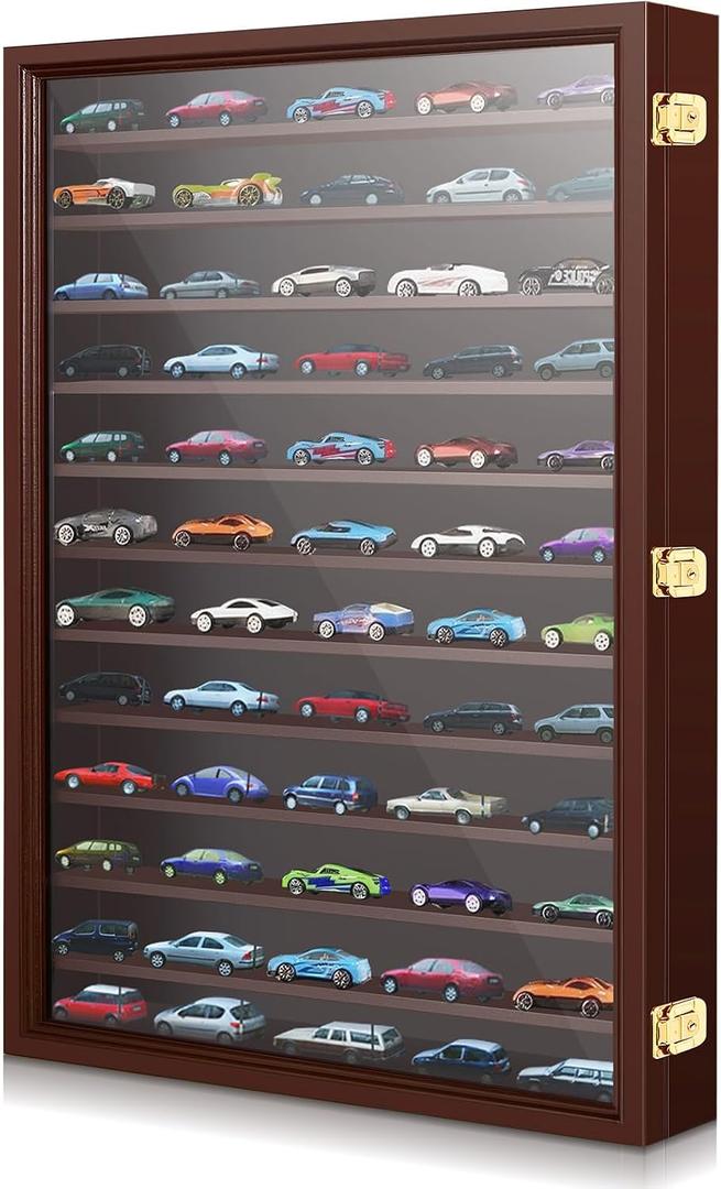 Tatuo Model Car Display Case 1/64 Scale Model Car Display Case Cabinet Rack 26.5" x 18.75" x 3.25" Large Diecast Wall Mounted for Toy Collection Decor(Walnut,with Door)