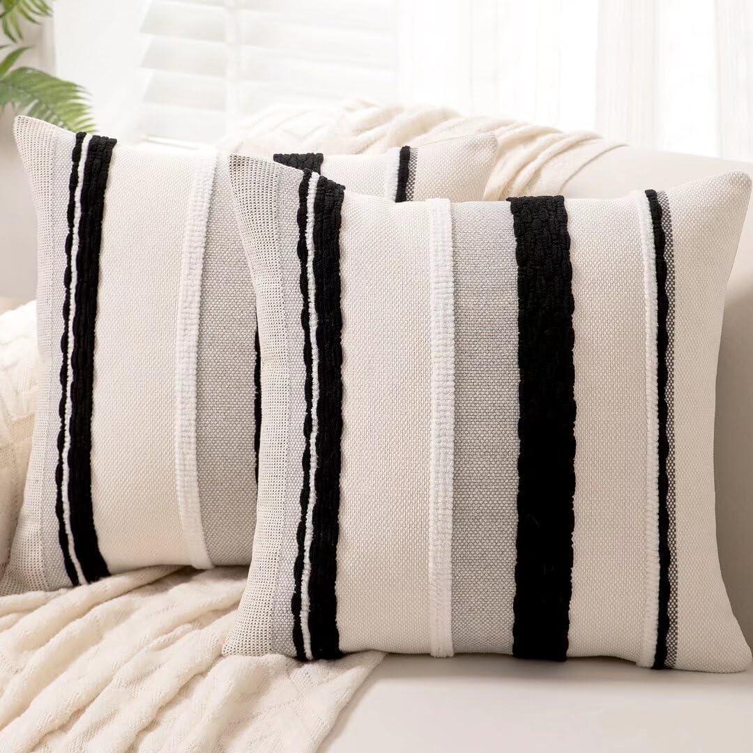 Boho Throw Pillow Covers 18x18 Set of 2 Farmhouse Decorative Cushion Case Striped Square Pillows Cover Chenille Pillow Cases Accent Neutral Pillowcase for Sofa Couch Bed, Black and White