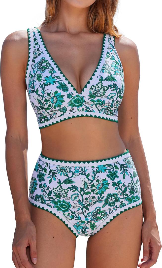 MOOSLOVER Women Bikini Sets Plunging High Waisted Swimsuit Whip Stitch 2 Piece Bathing Suits (Green, S)