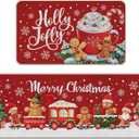 Merry Christmas Gingerbread Man Kitchen Rugs Set of 2, Jolly Holly Coffee Xmas Tree Train Floor Mats Home Decor, Winter Snowflake Door Mat Decorations - 17x29 and 17x47 Inches