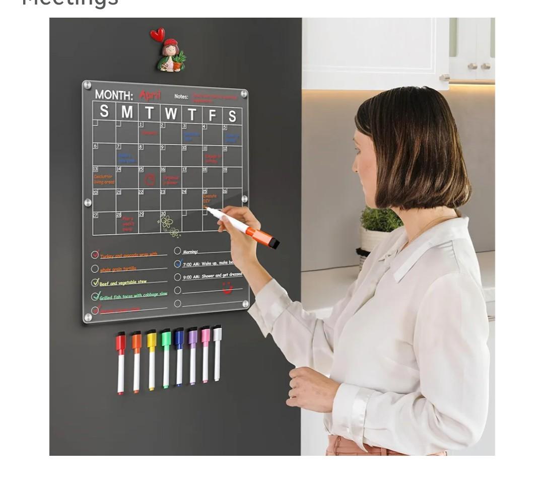 Large Acrylic Magnetic 2in1 Clear Fridge Calendar, Clear Fridge Calendar with 8 Color Markers, Monthly Planning Board for Business Meetings
