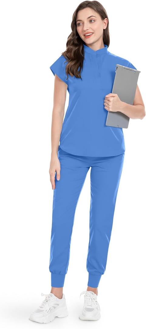 niaahinn Scrubs Set for Women Nurse Uniform Jogger Suit Stretch Top & Pants with Multi Pocket for Nurse Esthetician Workwear (Ceil, Large)