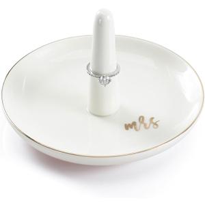 HOME SMILE Mrs Ring Holder Jewery Tray-Monogrammed Engagement Gifts for Friends,Birthday Mother's Day Christmas Gifts for Women,Ceramic White