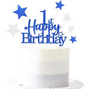 3 x Glittery 1st Happy Birthday Cake Topper with Star,Personalised 1 Birthday Cake Toppers Party Decorations Party Supplies for Baby Boys Girls Blue