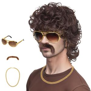 M MISS U HAIR 70s Wigs for Men Disco Wig for Halloween Party Short Brown Feathered Hair with Glasses Gold Necklace Mustache