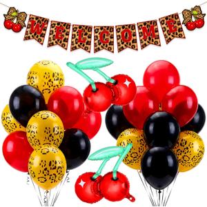 Outus Cheetah Cherry Birthday Decorations Cheetah Print Party Decorations Leopard Brithday Banner Cherry Foil Balloons Red and Black Leopard Print Balloons for Women Birthday Party Decor Supplies