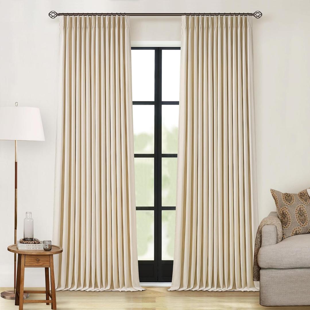Pinch Pleated Curtains 102 Inch Length Linen Blackout Drapes Back Tab Thermal Insulated Boho Farmhouse Living Room Bedroom 100% Black Out Window Curtains with Lining Sliding Door 2 Panels Sand Beige