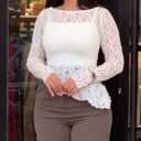 CHICME Womens Long Sleeve Mesh Top Round Neck Lace Floral See Through Blouses Casual Asymmetrical Shirt (Without Tank) (White)