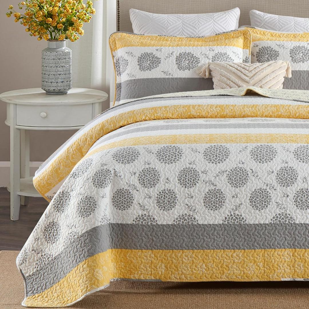 Homzard Quilt Queen Size-Comforter Queen Bedding Set, Yellow Gray White All Cotton Quilted Bedspread, Striped Floral Pattern Quilt Set, Lightweight Paisley 3 Piece, All Seasons (Queen (90"x98"))