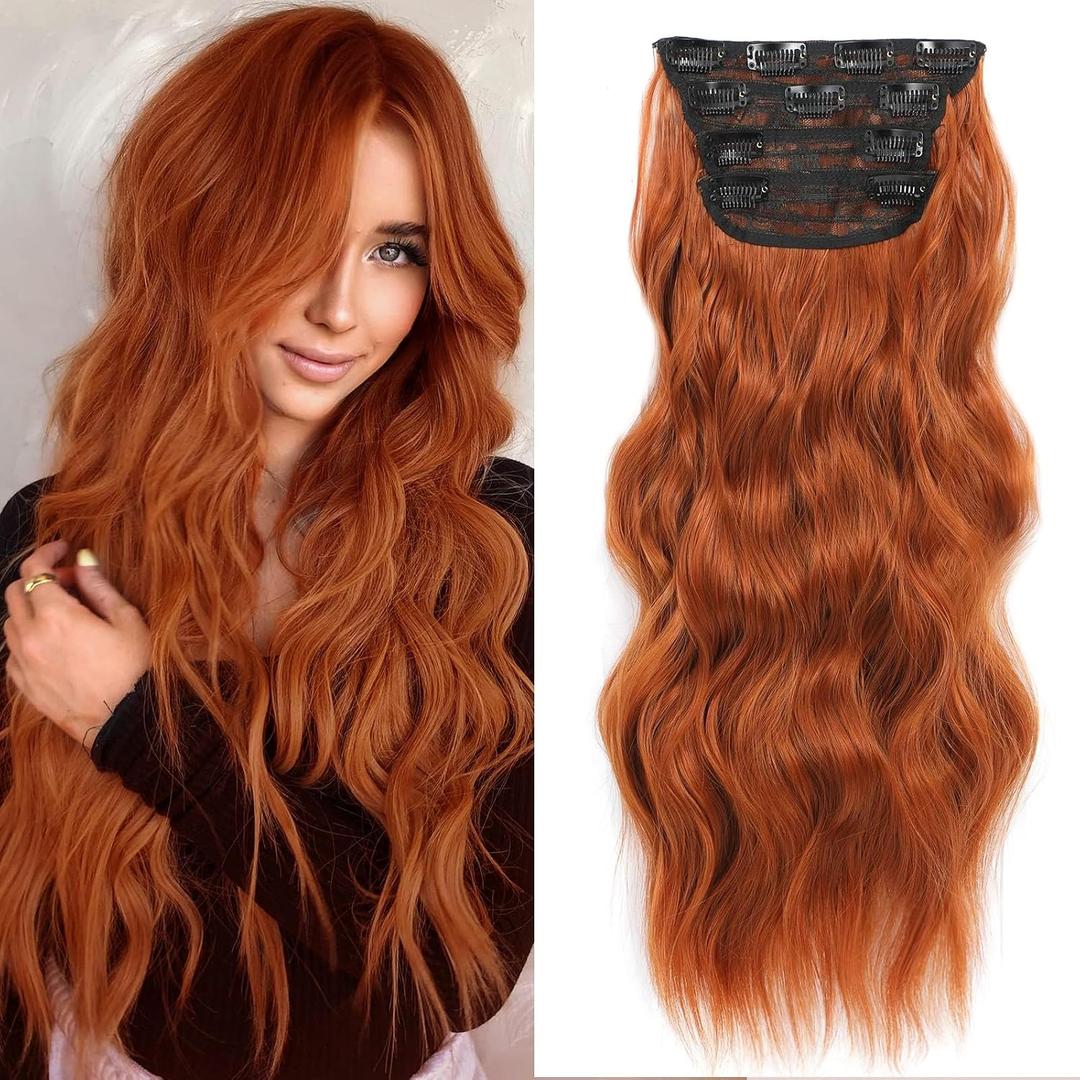NAYOO Clip in Long Wavy Hair Extensions for Women 4PCS Copper Red Curly Synthetic Thick Hairpieces with Fiber Double Weft Hair Full Head 20 inch, Copper Red