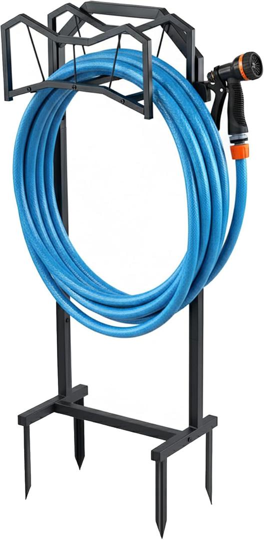 POARMEEY Black Hose Holder Stand with four Ground Stakes for Outdoor Garden