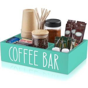 ALELION Turquoise Coffee Station Organizer with Removable Dividers - K Cup Pod Holder Storage Basket for Sugar, Tea - Teal Coffee Bar Kitchen Decor Accessories Organizer for Countertop