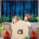 Forest Scene Camping Backdrop Photography Background Campfire Photo Backdrop and 2 Sets 3D Decorative Cardboard Campfire Centerpiece Artificial Fire Party Decoration for Camping Theme Party
