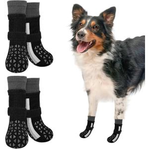 SCENEREAL Anti Slip Dog Socks to Prevent Licking Paws, Dog Shoes for Hot/Cold Pavement, Paw Protector Traction Control on Hardwood Floor, Dog Shoes Booties for Puppy Small Medium Large Senior Dogs (L(Pack of 4), Sporty Style-Black)