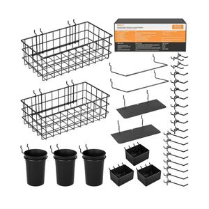 INCLY 30PCS Peg Board Organizer Accessories Kit, Pegboard Hooks Assortment with Bins, Cups, Wire Baskets and Paper Towel Holder for 1/8“ and 1/4” Pegboard Garage Workbench Craft Room Organizing Tools
