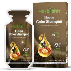 Herbishh Linen Hair Shampoo, Hair Color for Gray Coverage, 3 in 1 Hair Dye Shampoo - champu para tenir el cabello, Colors in Minutes, Easy to Use PPD Free Pouch 30mlx10p