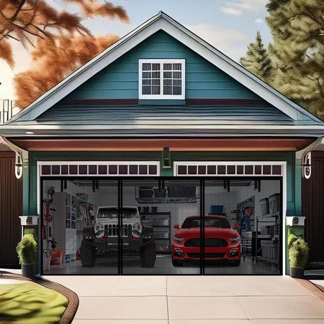Premium Garage Door Screen for 2 Car Garage 17x8ft, Heavy Duty Durable Fiberglass Screen Mesh with Hook & Loop Tapes, Strips, Doors Screen with Powerful Magnets, Easy to Install (17x8 Black)
