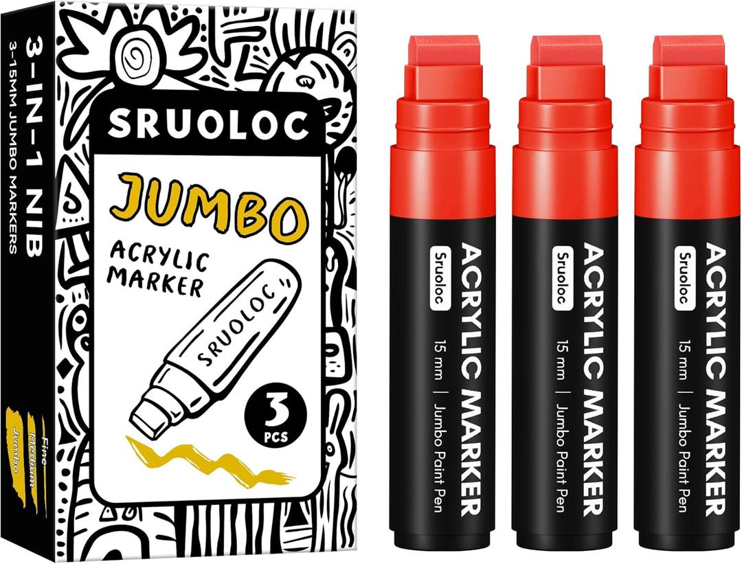 SRUOLOC 3 Jumbo Permanent Markers Red, 15mm Thick Wide Tip, Large Acrylic Paint Markers for Rock Painting, Poster, Graffiti, Stone, Ceramic, Glass, Wood, Canvas