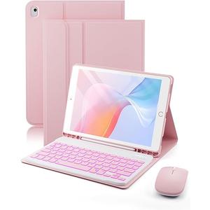 TUNKARMOR for iPad 9th / 8th / 7th Generation 10.2 inch & iPad Air 3rd Gen & iPad Pro 10.5 inch Case with 7 Color Backlit Keyboard  Built in Pencil Holder with Mouse (Pink)