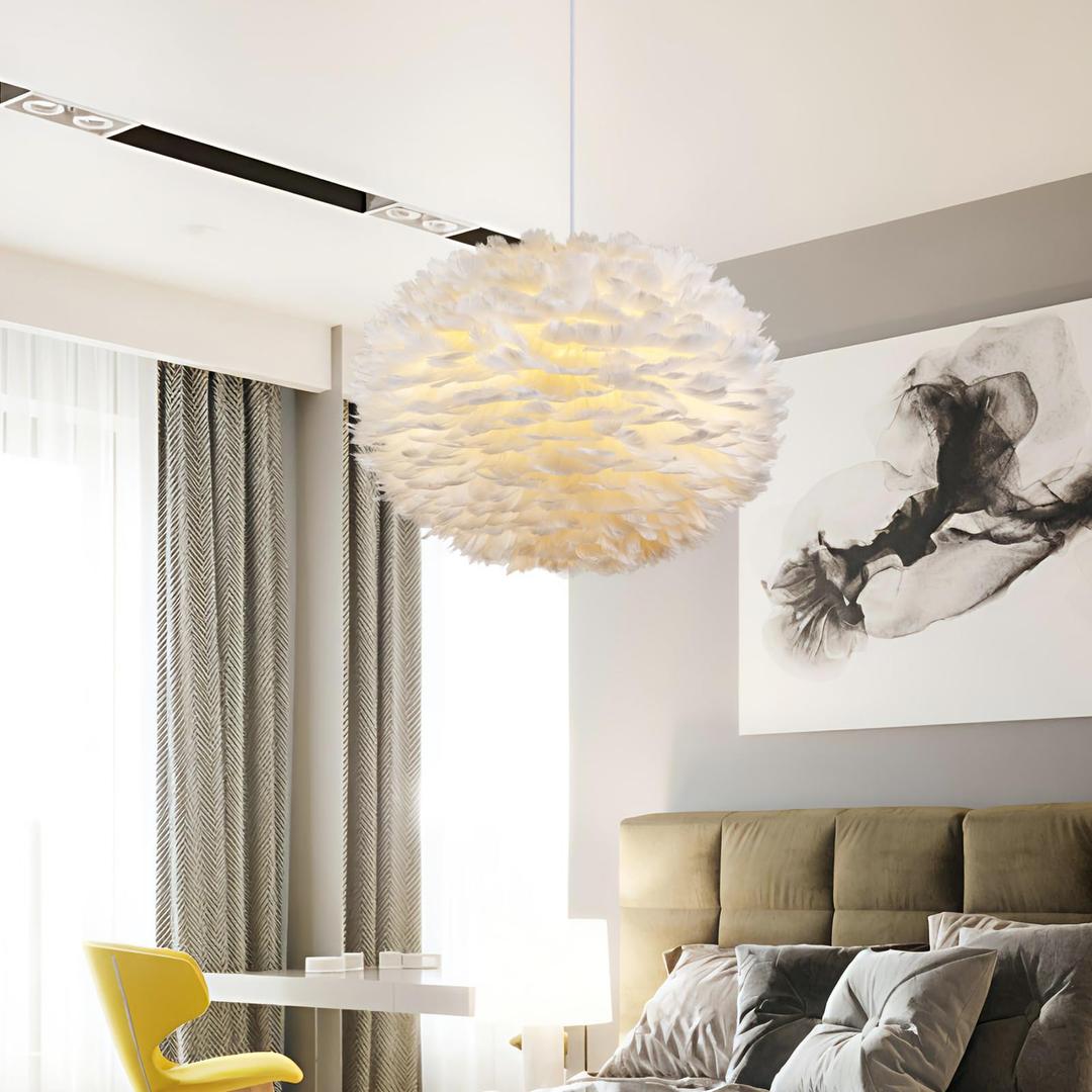 NZV White Feather Pendant Light for Bedroom 15.8in White Chandelier for Girls Room Beautiful Feathers Lights Fixture Modern Hanging Ceiling Lighting for Dining Room Kitchen Island Bedroom Foyer