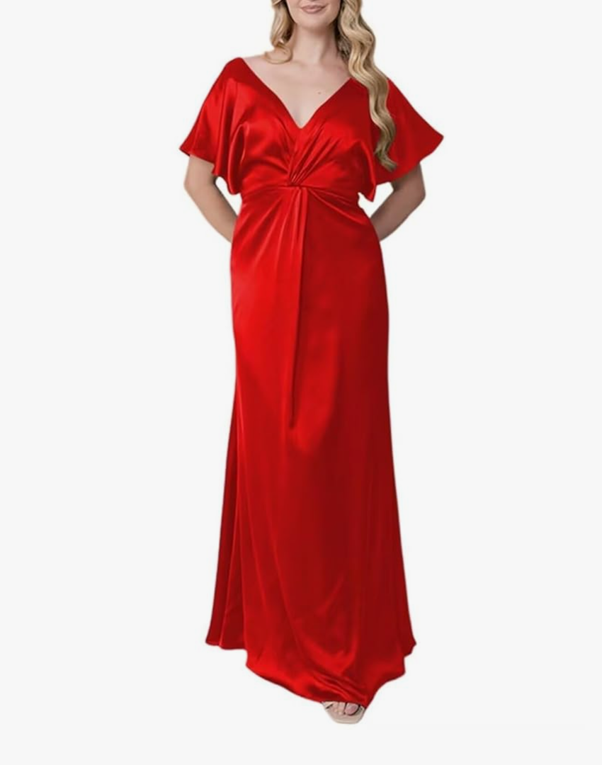 Women's Satin Floor Lenght Mother of The Bride Dress for Wedding Short Sleeves Elegant A Line Formal Evening Dress Medium